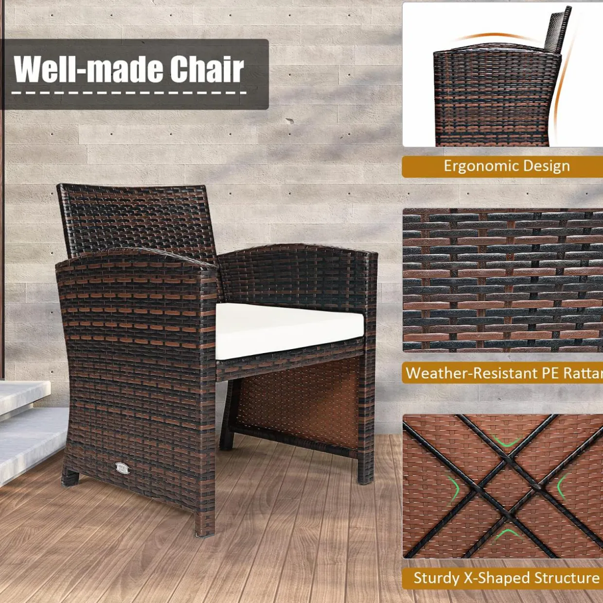 Tangkula 3-Piece Outdoor PE Rattan Furniture Set, Patio Conversation Set w/Chair & Storage Coffee Table
