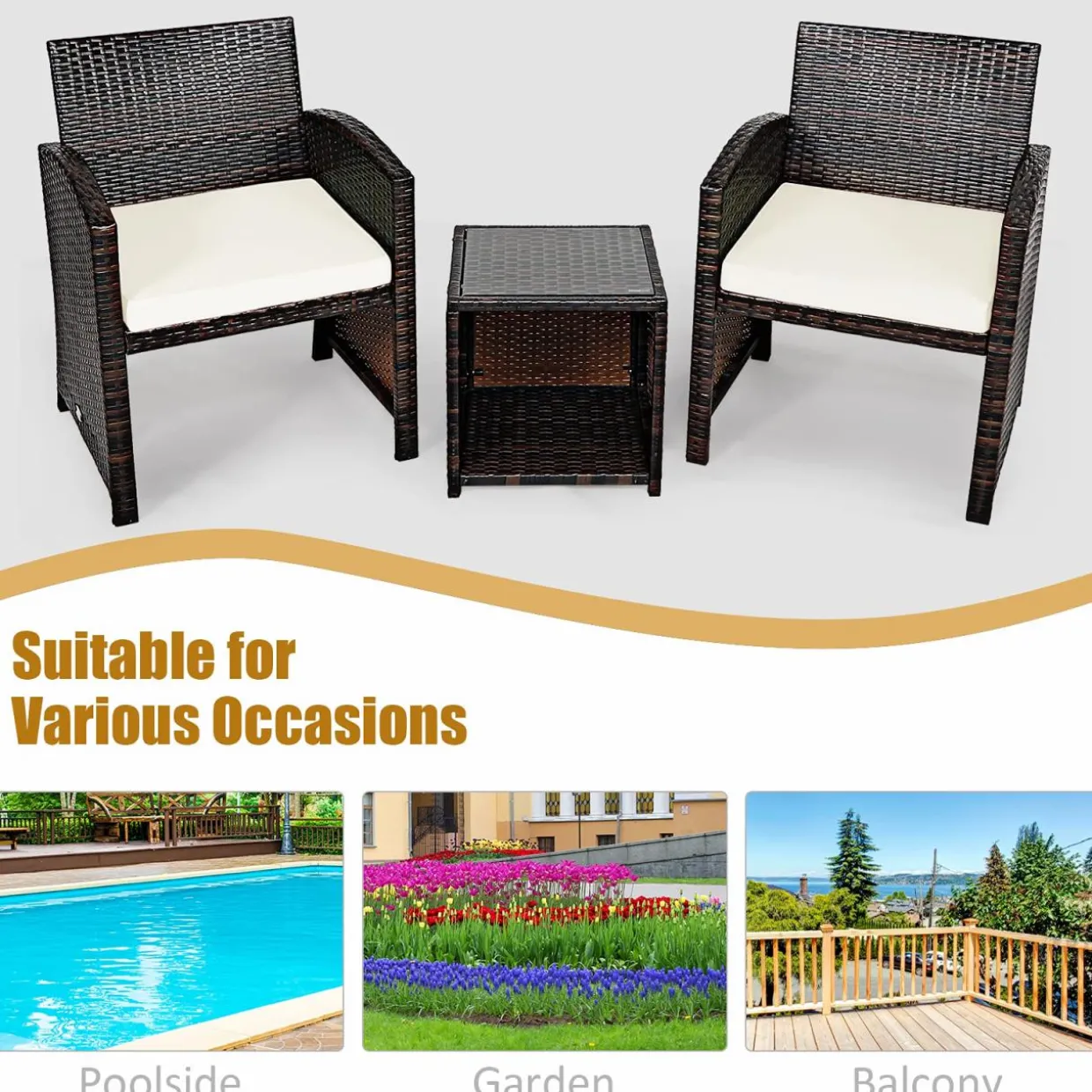 Tangkula 3-Piece Outdoor PE Rattan Furniture Set, Patio Conversation Set w/Chair & Storage Coffee Table