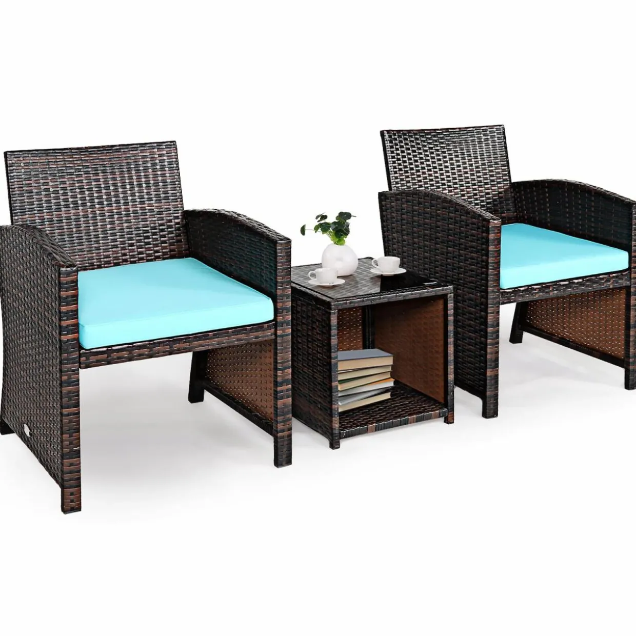 Tangkula 3-Piece Outdoor PE Rattan Furniture Set, Patio Conversation Set w/Chair & Storage Coffee Table