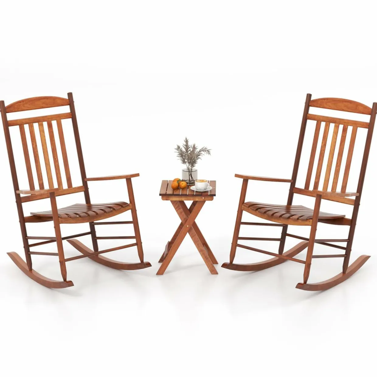 Tangkula 3-piece Outdoor Poplar Wood Rocking Bistro Set