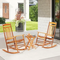 Tangkula 3-piece Outdoor Poplar Wood Rocking Bistro Set