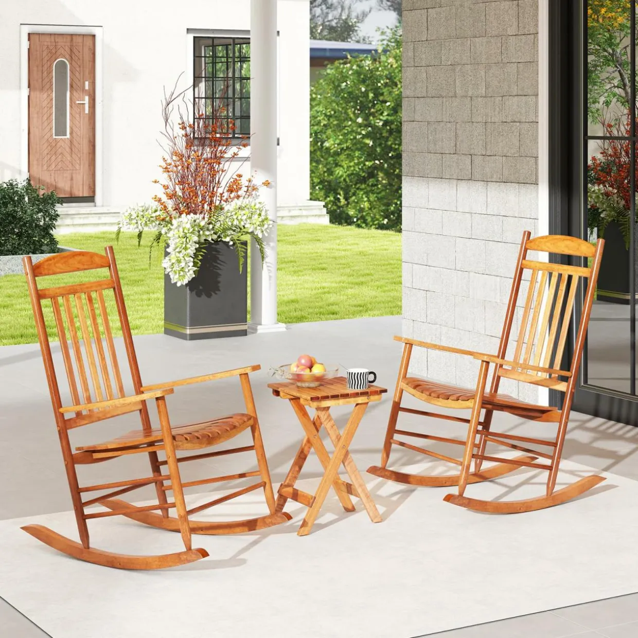 Tangkula 3-piece Outdoor Poplar Wood Rocking Bistro Set