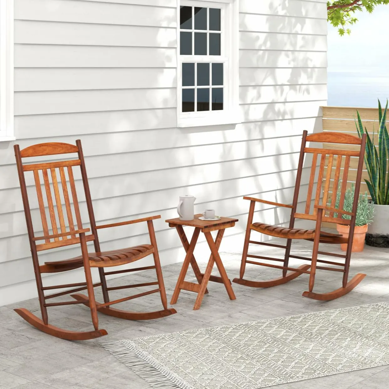 Tangkula 3-piece Outdoor Poplar Wood Rocking Bistro Set