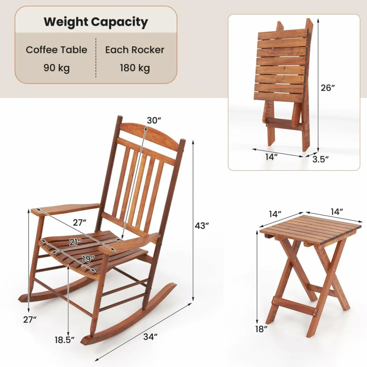 Tangkula 3-piece Outdoor Poplar Wood Rocking Bistro Set