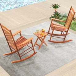 Tangkula 3-piece Outdoor Poplar Wood Rocking Bistro Set