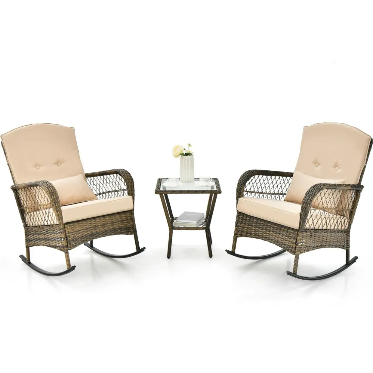 Tangkula 3-Piece Outdoor Rocking Chair Set, Hand-Woven PE Rattan Chairs