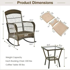 Tangkula 3-Piece Outdoor Rocking Chair Set, Hand-Woven PE Rattan Chairs