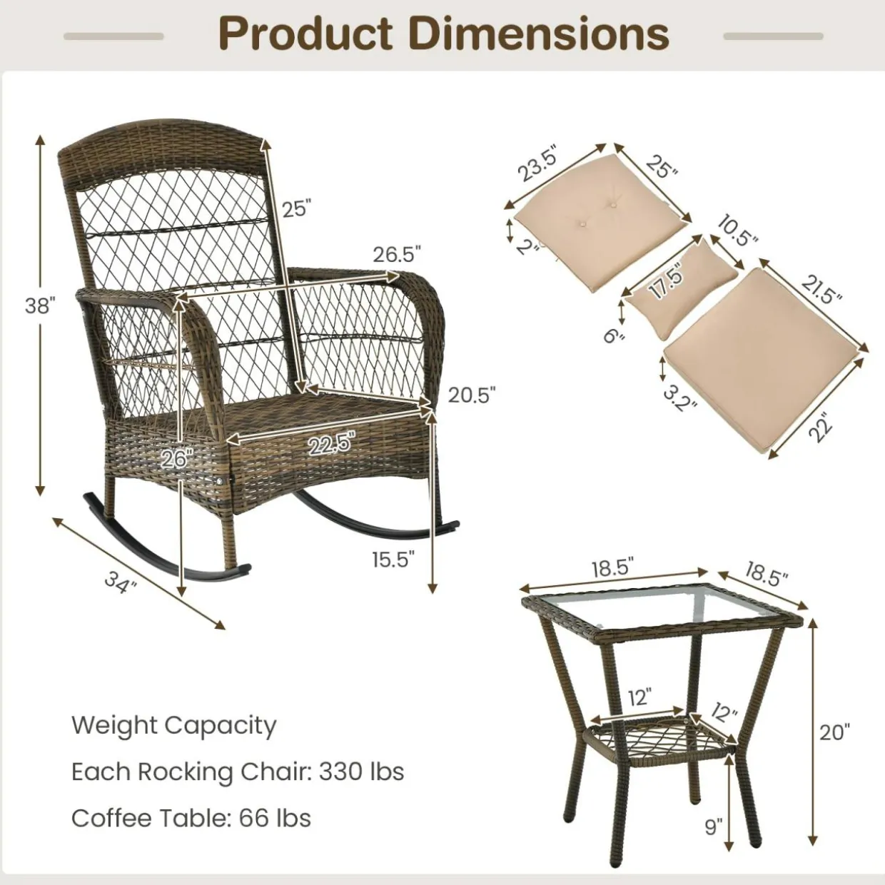 Tangkula 3-Piece Outdoor Rocking Chair Set, Hand-Woven PE Rattan Chairs