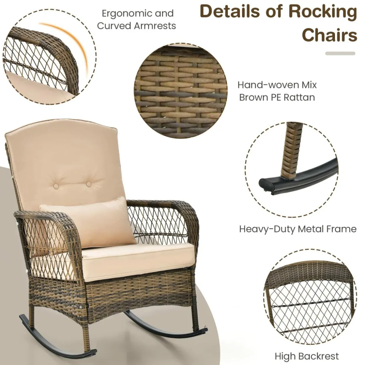 Tangkula 3-Piece Outdoor Rocking Chair Set, Hand-Woven PE Rattan Chairs