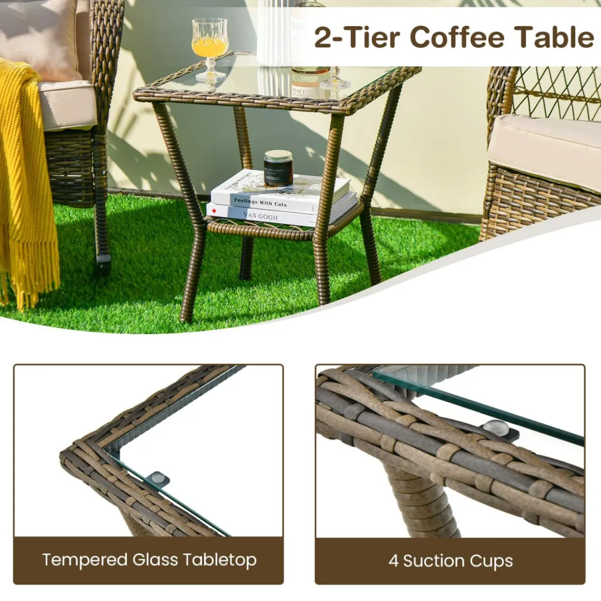 Tangkula 3-Piece Outdoor Rocking Chair Set, Hand-Woven PE Rattan Chairs