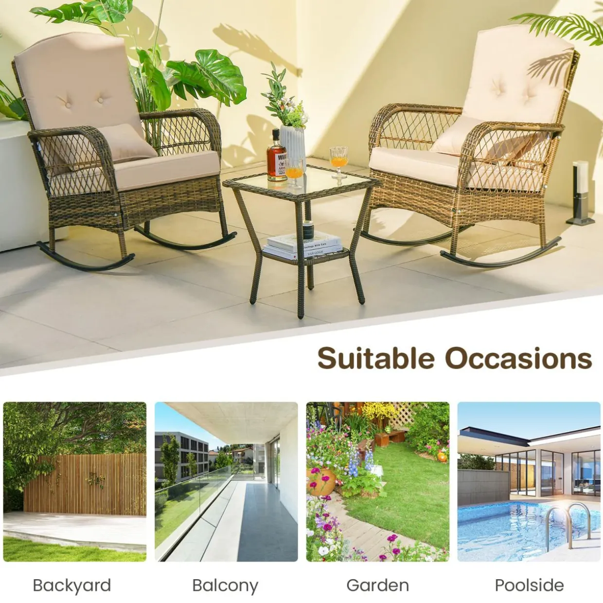 Tangkula 3-Piece Outdoor Rocking Chair Set, Hand-Woven PE Rattan Chairs