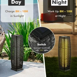 Tangkula 2-Piece Outdoor Solar Powered Floor Lamps, IP65 Waterproof Wicker Floor Lamps with Auto On/Off LED Light
