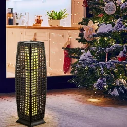 Tangkula 2-Piece Outdoor Solar Powered Floor Lamps, IP65 Waterproof Wicker Floor Lamps with Auto On/Off LED Light