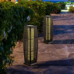Tangkula 2-Piece Outdoor Solar Powered Floor Lamps, IP65 Waterproof Wicker Floor Lamps with Auto On/Off LED Light