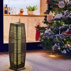Tangkula 2-Piece Outdoor Solar Powered Floor Lamps, IP65 Waterproof Wicker Floor Lamps with Auto On/Off LED Light