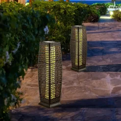 Tangkula 2-Piece Outdoor Solar Powered Floor Lamps, IP65 Waterproof Wicker Floor Lamps with Auto On/Off LED Light