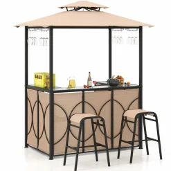 Tangkula 3-Piece Patio Bar Set, Grill Gazebo & 2 Bar Stools with Tempered Glass Bar Table, Metal Storage Shelves