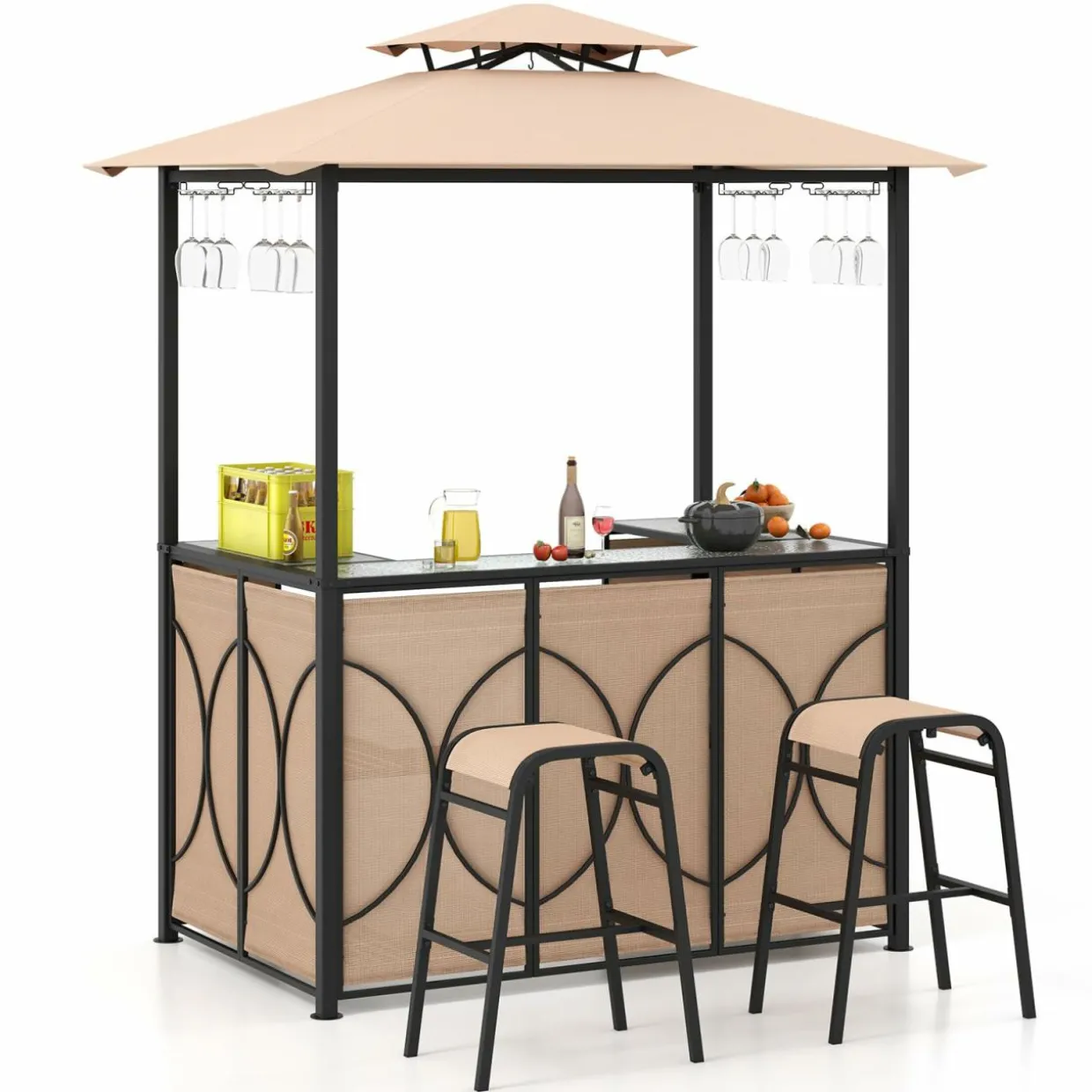 Tangkula 3-Piece Patio Bar Set, Grill Gazebo & 2 Bar Stools with Tempered Glass Bar Table, Metal Storage Shelves
