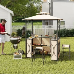 Tangkula 3-Piece Patio Bar Set, Grill Gazebo & 2 Bar Stools with Tempered Glass Bar Table, Metal Storage Shelves