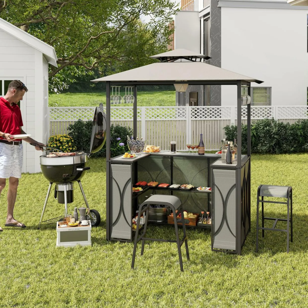 Tangkula 3-Piece Patio Bar Set, Grill Gazebo & 2 Bar Stools with Tempered Glass Bar Table, Metal Storage Shelves