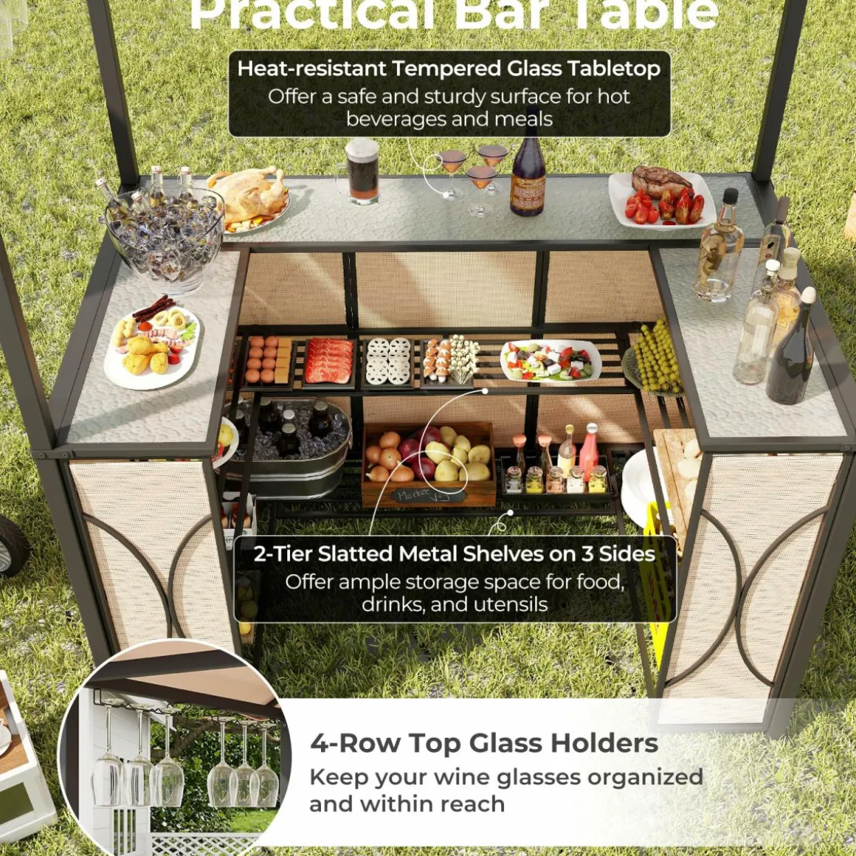 Tangkula 3-Piece Patio Bar Set, Grill Gazebo & 2 Bar Stools with Tempered Glass Bar Table, Metal Storage Shelves