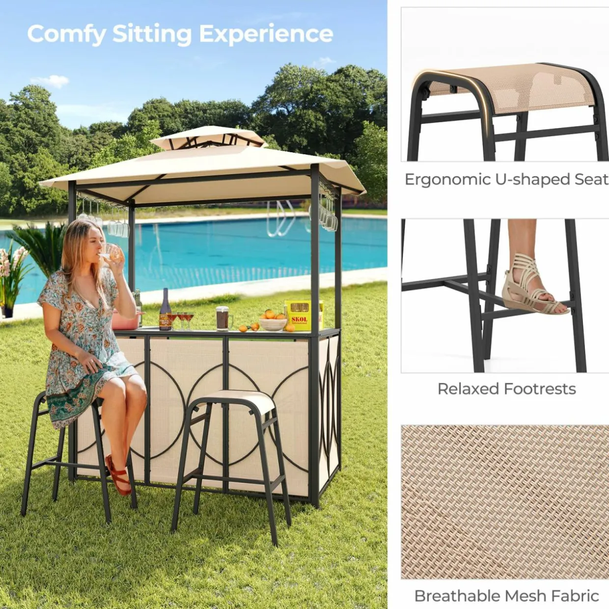 Tangkula 3-Piece Patio Bar Set, Grill Gazebo & 2 Bar Stools with Tempered Glass Bar Table, Metal Storage Shelves