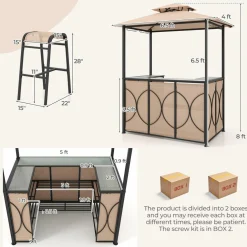 Tangkula 3-Piece Patio Bar Set, Grill Gazebo & 2 Bar Stools with Tempered Glass Bar Table, Metal Storage Shelves