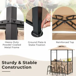 Tangkula 3-Piece Patio Bar Set, Grill Gazebo & 2 Bar Stools with Tempered Glass Bar Table, Metal Storage Shelves