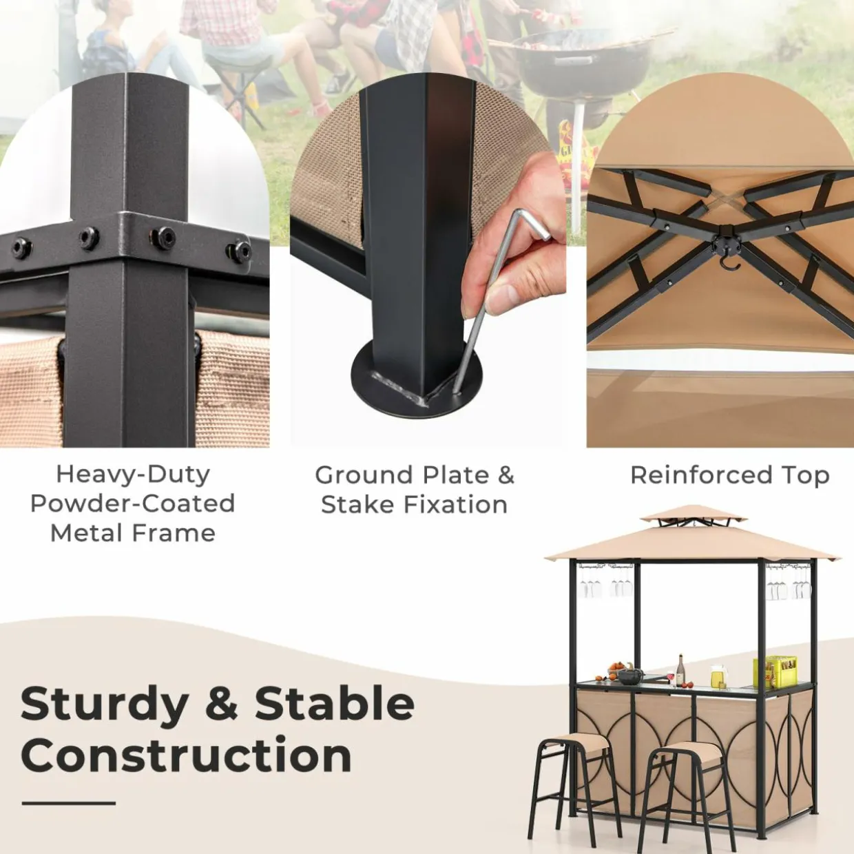 Tangkula 3-Piece Patio Bar Set, Grill Gazebo & 2 Bar Stools with Tempered Glass Bar Table, Metal Storage Shelves