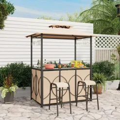Tangkula 3-Piece Patio Bar Set, Grill Gazebo & 2 Bar Stools with Tempered Glass Bar Table, Metal Storage Shelves
