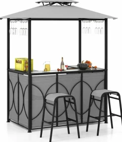Tangkula 3-Piece Patio Bar Set, Grill Gazebo & 2 Bar Stools with Tempered Glass Bar Table, Metal Storage Shelves