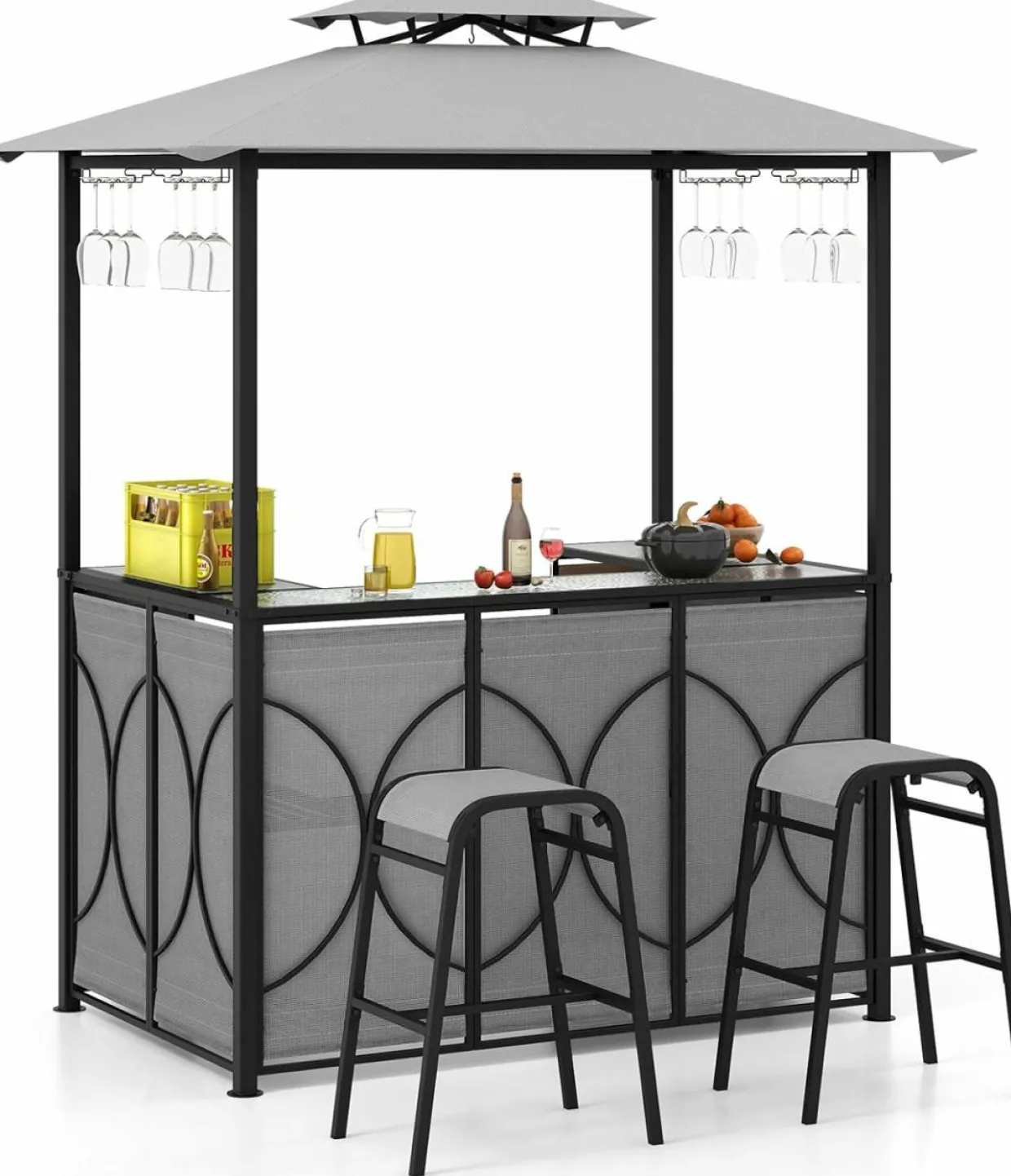 Tangkula 3-Piece Patio Bar Set, Grill Gazebo & 2 Bar Stools with Tempered Glass Bar Table, Metal Storage Shelves