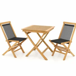 Tangkula 3-Piece Patio Bistro Set, Teak Wood Square Coffee Table & Folding Chairs Set of 2