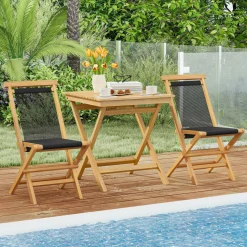 Tangkula 3-Piece Patio Bistro Set, Teak Wood Square Coffee Table & Folding Chairs Set of 2