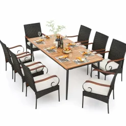 Tangkula 9-Piece Patio Dining Set, 79" Outdoor Dining Table & 8 Rattan-Woven Dining Chairs with Acacia Wood Tabletop