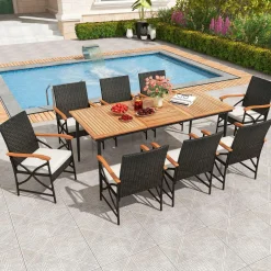 Tangkula 9-Piece Patio Dining Set, 79" Outdoor Acacia Wood Dining Table & 8 Rattan-Woven Dining Chairs with 1.9" Umbrella Hole