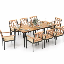 Tangkula 9-Piece Patio Dining Set, Outdoor Acacia Wood Dining Table with 1.9" Umbrella Hole& 8 Dining Chairs with Cross Hollow Back and Seat Cushions