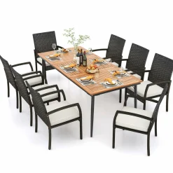 Tangkula 9-Piece Patio Dining Set, 79" Outdoor Acacia Wood Dining Table with 1.9" Umbrella Hole & 8 Rattan-Woven Dining Chairs with Seat Cushions