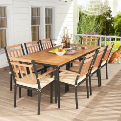 Tangkula 9-Piece Patio Dining Set, 79" Rectangle Dining Tables with 8 Wooden Armchairs