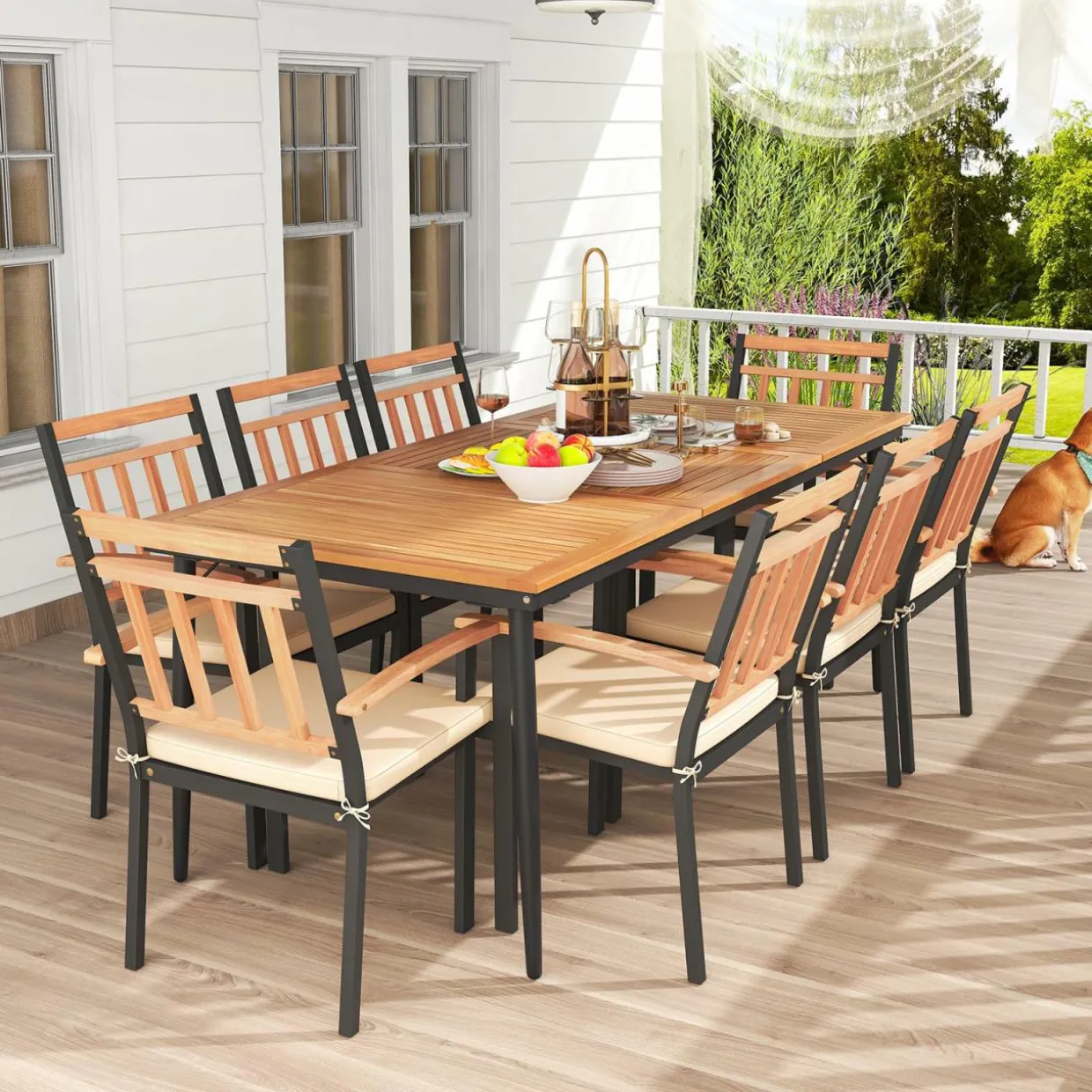 Tangkula 9-Piece Patio Dining Set, 79" Rectangle Dining Tables with 8 Wooden Armchairs