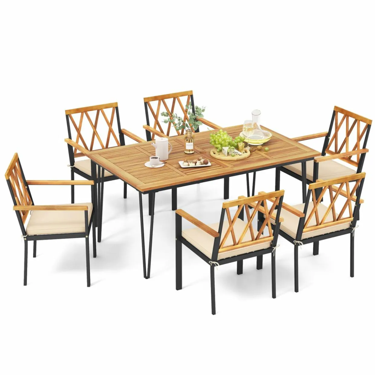Tangkula 7-Piece Patio Dining Set, Acacia Wood Outdoor Furniture Set with 2” Umbrella Hole and Seat Cushions