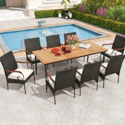 Tangkula 9-Piece Patio Dining Set, 79" Outdoor Dining Table & 8 Rattan-Woven Dining Chairs with Acacia Wood Tabletop