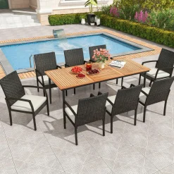 Tangkula 9-Piece Patio Dining Set, 79" Outdoor Acacia Wood Dining Table with 1.9" Umbrella Hole & 8 Rattan-Woven Dining Chairs with Seat Cushions