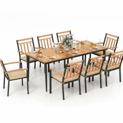 Tangkula 9-Piece Patio Dining Set, 79" Rectangle Dining Tables with 8 Wooden Armchairs