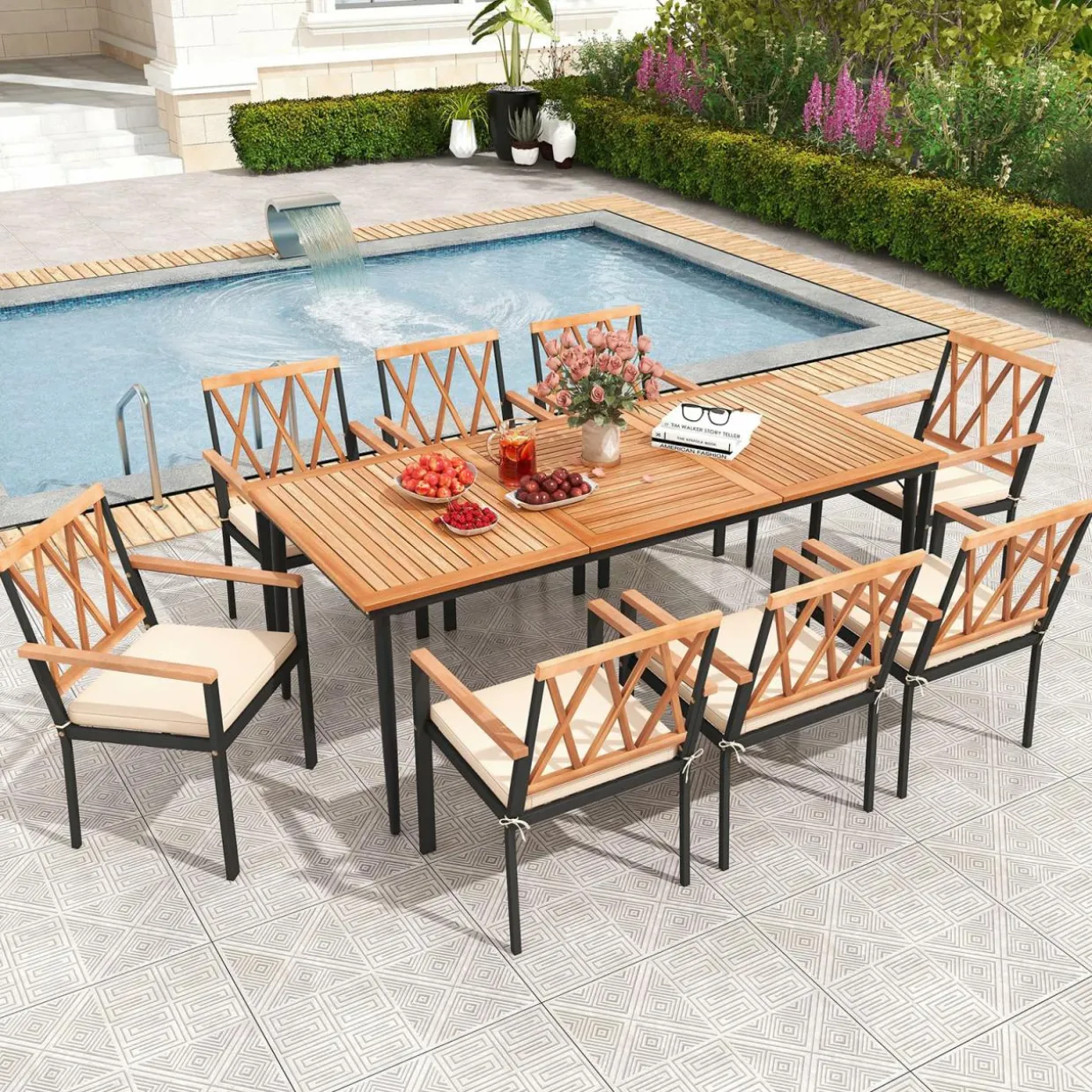 Tangkula 9-Piece Patio Dining Set, Outdoor Acacia Wood Dining Table with 1.9" Umbrella Hole& 8 Dining Chairs with Cross Hollow Back and Seat Cushions
