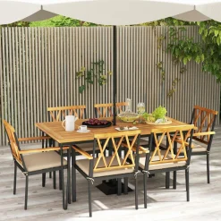 Tangkula 7-Piece Patio Dining Set, Acacia Wood Outdoor Furniture Set with 2” Umbrella Hole and Seat Cushions