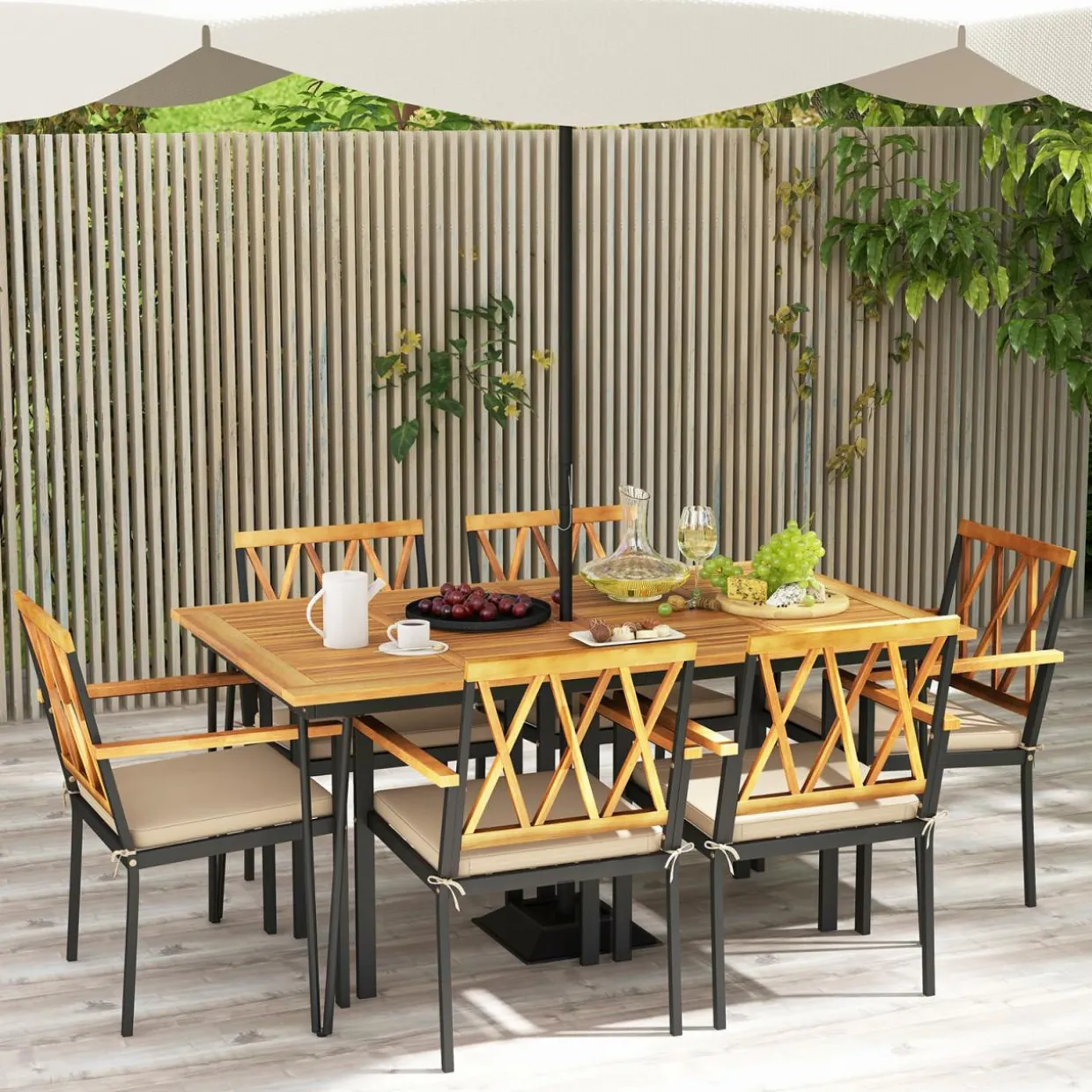 Tangkula 7-Piece Patio Dining Set, Acacia Wood Outdoor Furniture Set with 2” Umbrella Hole and Seat Cushions