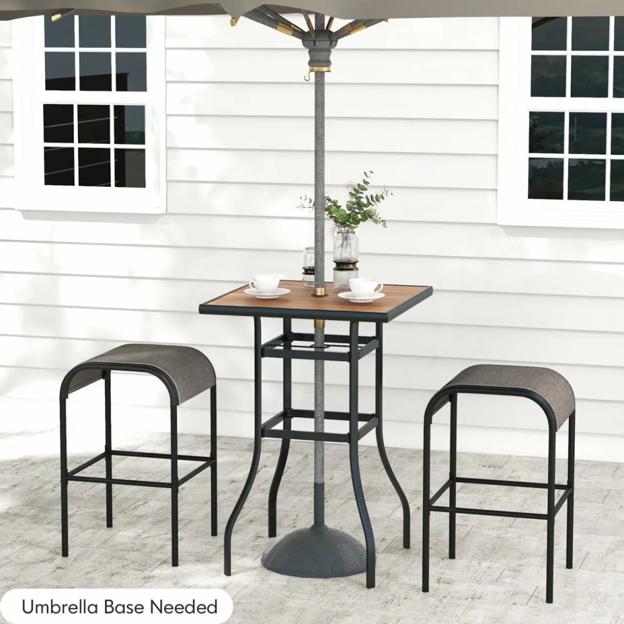 Tangkula 3-Piece Patio Dining Set, Outdoor 27.5" Bar Height Table & 2 30" Barstools w/Umbrella Hole