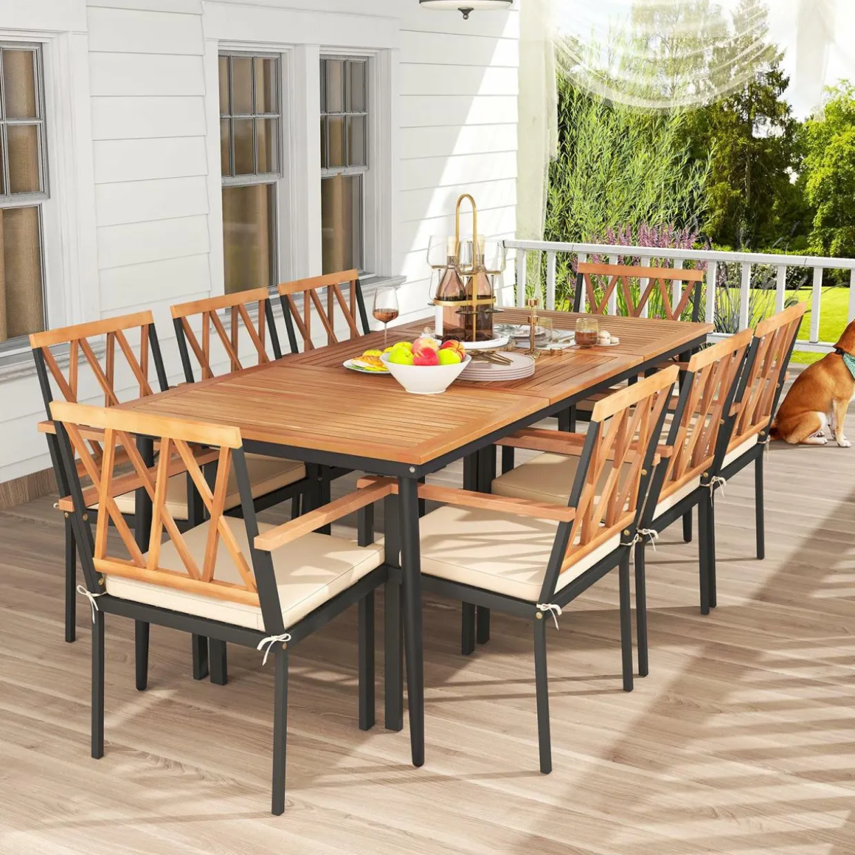 Tangkula 9-Piece Patio Dining Set, Outdoor Acacia Wood Dining Table with 1.9" Umbrella Hole& 8 Dining Chairs with Cross Hollow Back and Seat Cushions
