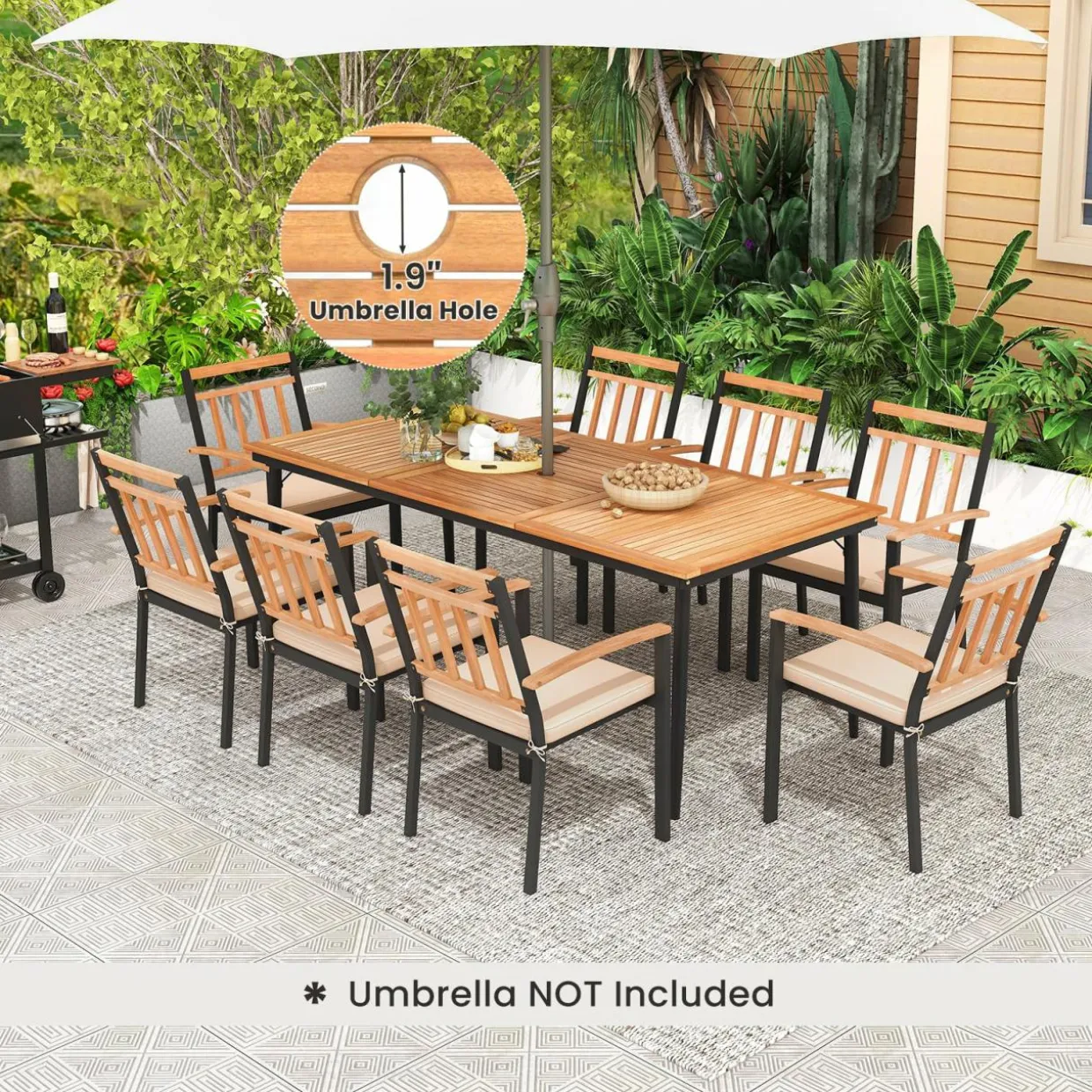 Tangkula 9-Piece Patio Dining Set, 79" Rectangle Dining Tables with 8 Wooden Armchairs